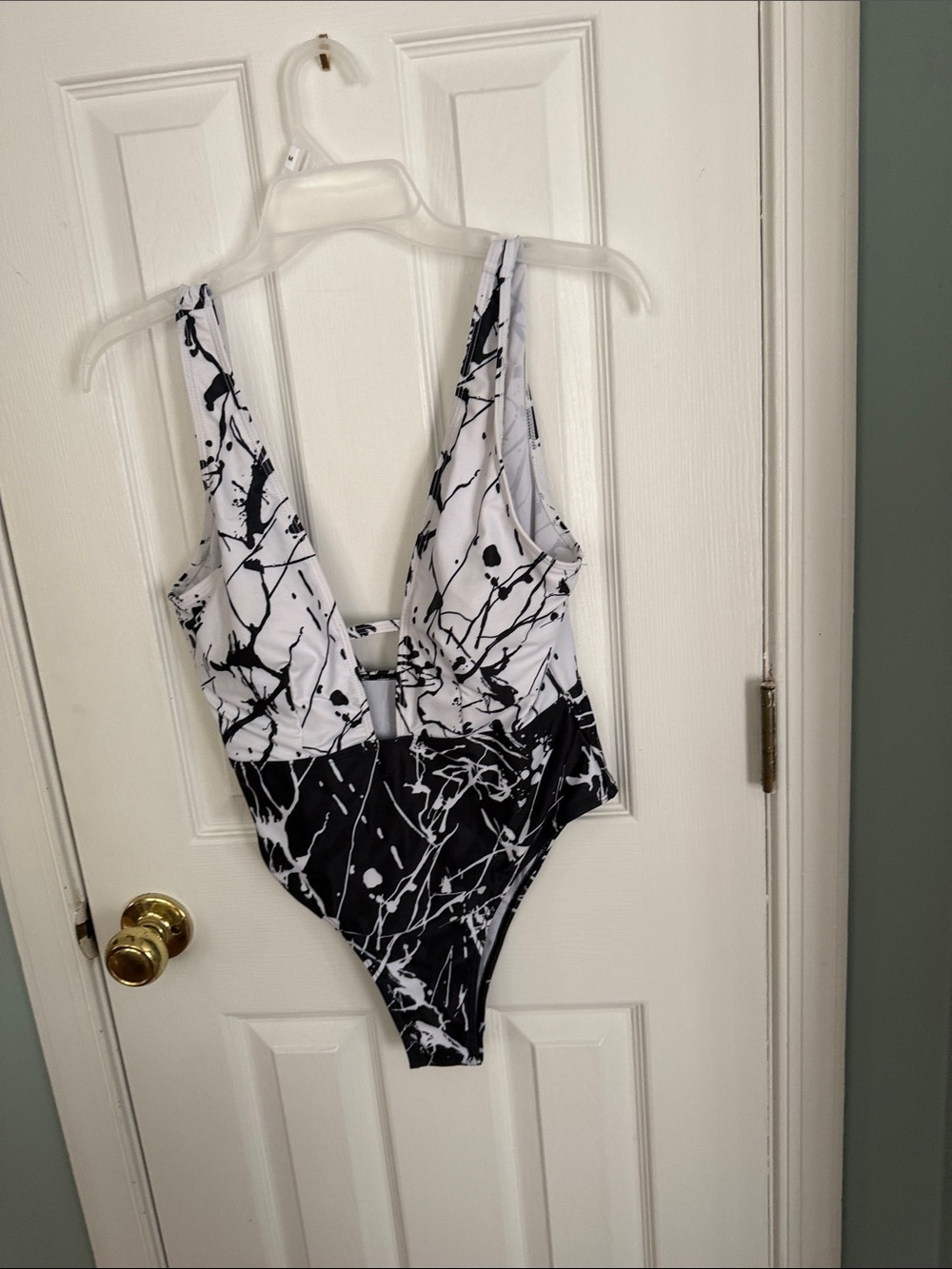 Black & White Splatter One-Piece Swimsuit with Plunge V